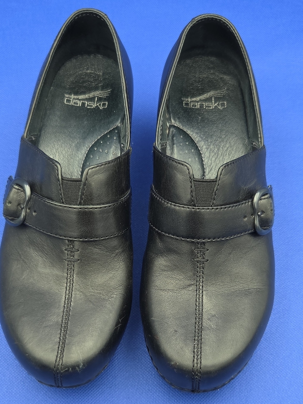Dansko Black Leather Slip-On Loafers with Buckle Detail Size 38